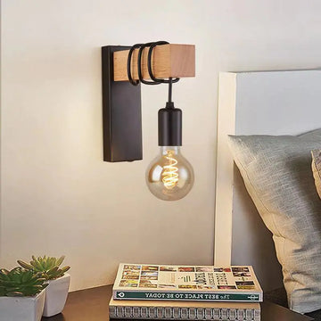Creative American Wood Wall Lamp with Iron Shade E27