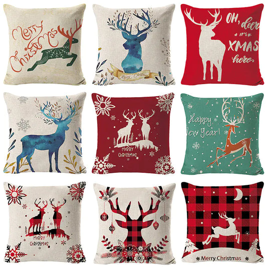 Christmas Elk Print Linen Pillow Cover