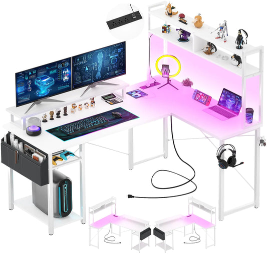 Small L Shaped Desk with Charging Port & LED Strip Reversible